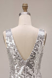 Sparkly Silver A-Line Sequins V-Neck Homecoming Dress with Ruffles
