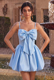 A-Line Sky Blue Satin Spaghetti Straps Corset Homecoming Dress with Bow