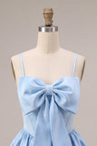 A-Line Sky Blue Satin Spaghetti Straps Corset Homecoming Dress with Bow