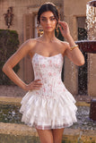 White Pink Flower Corset Sweetheart Tiered Ruffle Homecoming Dress