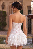 White Pink Flower Corset Sweetheart Tiered Ruffle Homecoming Dress