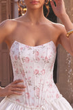White Pink Flower Corset Sweetheart Tiered Ruffle Homecoming Dress