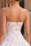 White Pink Flower Corset Sweetheart Tiered Ruffle Homecoming Dress