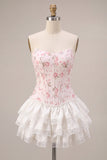 White Pink Flower Corset Sweetheart Tiered Ruffle Homecoming Dress