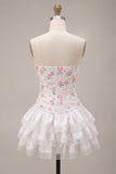 White Pink Flower Corset Sweetheart Tiered Ruffle Homecoming Dress