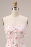 White Pink Flower Corset Sweetheart Tiered Ruffle Homecoming Dress