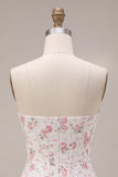 White Pink Flower Corset Sweetheart Tiered Ruffle Homecoming Dress
