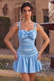 Sky Blue Satin A-Line Square Neck Short Homecoming Dress with Bow