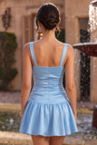 Sky Blue Satin A-Line Square Neck Short Homecoming Dress with Bow