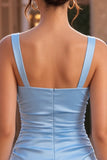 Sky Blue Satin A-Line Square Neck Short Homecoming Dress with Bow