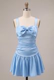 Sky Blue Satin A-Line Square Neck Short Homecoming Dress with Bow