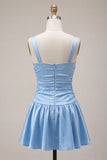 Sky Blue Satin A-Line Square Neck Short Homecoming Dress with Bow