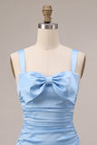 Sky Blue Satin A-Line Square Neck Short Homecoming Dress with Bow