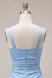 Sky Blue Satin A-Line Square Neck Short Homecoming Dress with Bow