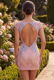 Pink V-Neck Bodycon Sequins Floral Cut Out Homecoming Dress