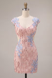 Pink V-Neck Bodycon Sequins Floral Cut Out Homecoming Dress