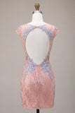 Pink V-Neck Bodycon Sequins Floral Cut Out Homecoming Dress
