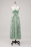 A-Line Sage Halter Neck Ruffled Chiffon Floral Midi Dress with Slit