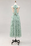 A-Line Sage Halter Neck Ruffled Chiffon Floral Midi Dress with Slit
