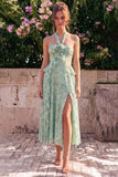 A-Line Sage Halter Neck Ruffled Chiffon Floral Midi Dress with Slit
