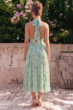 A-Line Sage Halter Neck Ruffled Chiffon Floral Midi Dress with Slit