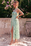 A-Line Sage Halter Neck Ruffled Chiffon Floral Midi Dress with Slit