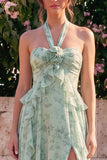 A-Line Sage Halter Neck Ruffled Chiffon Floral Midi Dress with Slit