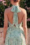 A-Line Sage Halter Neck Ruffled Chiffon Floral Midi Dress with Slit