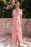 Pink Chiffon A-Line V-Neck Ruffled Asymmetrical Floral Midi Dress with Puff Sleeves