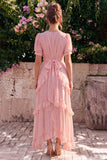 Pink Chiffon A-Line V-Neck Ruffled Asymmetrical Floral Midi Dress with Puff Sleeves