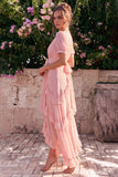 Pink Chiffon A-Line V-Neck Ruffled Asymmetrical Floral Midi Dress with Puff Sleeves