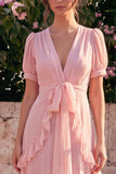 Pink Chiffon A-Line V-Neck Ruffled Asymmetrical Floral Midi Dress with Puff Sleeves