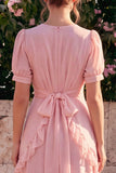 Pink Chiffon A-Line V-Neck Ruffled Asymmetrical Floral Midi Dress with Puff Sleeves