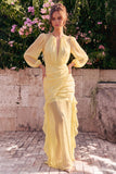 Daffodil Chiffon Mermaid Round Neck Ruffled Ruched Maxi Dress with Long Sleeves