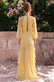 Daffodil Chiffon Mermaid Round Neck Ruffled Ruched Maxi Dress with Long Sleeves