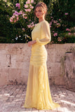 Daffodil Chiffon Mermaid Round Neck Ruffled Ruched Maxi Dress with Long Sleeves