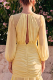 Daffodil Chiffon Mermaid Round Neck Ruffled Ruched Maxi Dress with Long Sleeves
