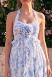 Halter Neck A-Line Blue Flower Chiffon Midi Dress with Ruffles