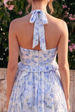 Halter Neck A-Line Blue Flower Chiffon Midi Dress with Ruffles