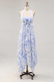 Halter Neck A-Line Blue Flower Chiffon Midi Dress with Ruffles