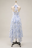 Halter Neck A-Line Blue Flower Chiffon Midi Dress with Ruffles