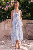 Halter Neck A-Line Blue Flower Chiffon Midi Dress with Ruffles