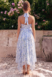 Halter Neck A-Line Blue Flower Chiffon Midi Dress with Ruffles
