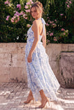 Halter Neck A-Line Blue Flower Chiffon Midi Dress with Ruffles