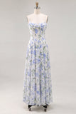 A-Line Blue Flower Chiffon Spaghetti Straps Backless Maxi Dress with Ruffles