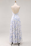 A-Line Blue Flower Chiffon Spaghetti Straps Backless Maxi Dress with Ruffles