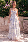 A-Line Blue Flower Chiffon Spaghetti Straps Backless Maxi Dress with Ruffles