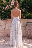 A-Line Blue Flower Chiffon Spaghetti Straps Backless Maxi Dress with Ruffles