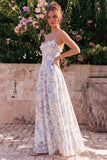 A-Line Blue Flower Chiffon Spaghetti Straps Backless Maxi Dress with Ruffles