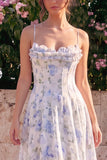 A-Line Blue Flower Chiffon Spaghetti Straps Backless Maxi Dress with Ruffles
